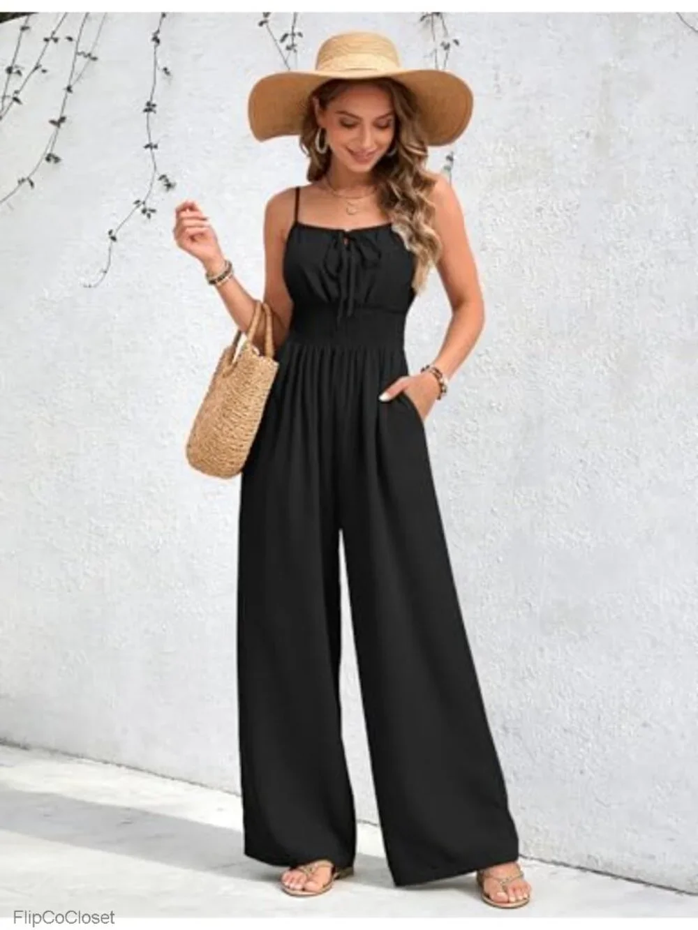 Womens Sleeveless Wide Leg Jumpsuit with Pockets Smocked Back Romper